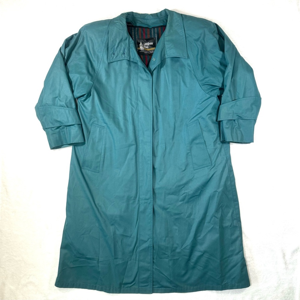 Vintage London Fog Teal Trench Coat Zip Out‎ Liner Size 10P Petite 80s Green